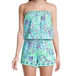 Lilly Pulitzer Size XS Rikki Strapless Romper Blue Ibiza Drawstring Waist Beach